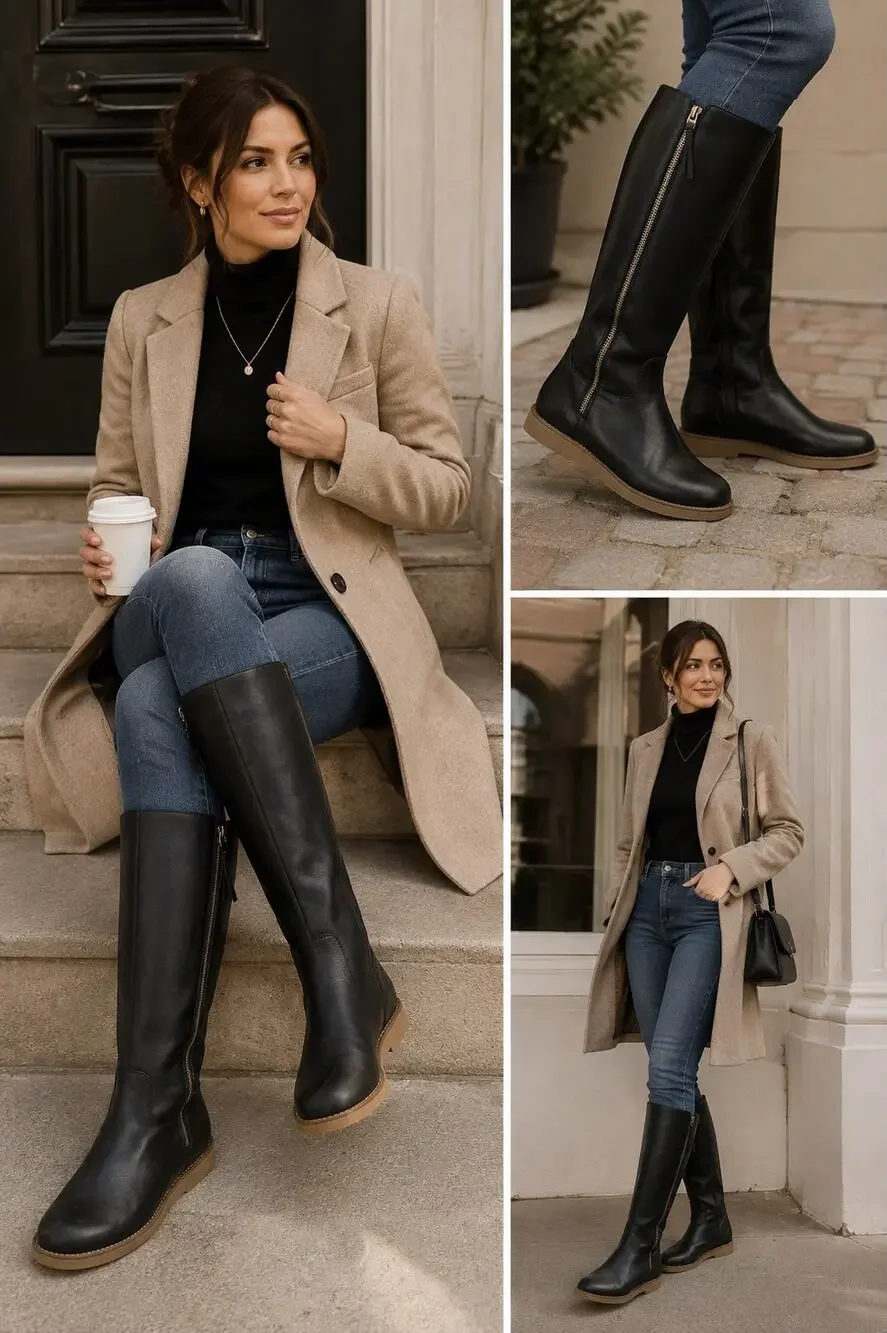 Cole Haan Grand.ØS Waterproof Tall Boots 9.5 Black Leather Fur Lined Side Zip